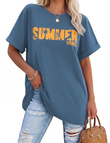 Image of Fashora Womens T Shirt Summer Tops Round Neck Short Sleeve Graphic T Shirts Ladies Casual Loose Cotton Tee Shirts Baggy Blouse (Blue, XXL)