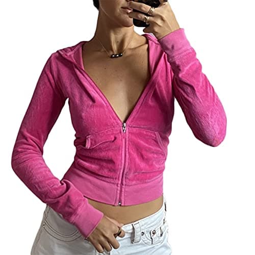 Image of Caziffer Women Cropped Zip Up Hoodie Sweater Jacket 2023 Fall Casual Hooded Top Long Sleeve Ribbed Knit Sweatshirts (H Velvet Pink, S)