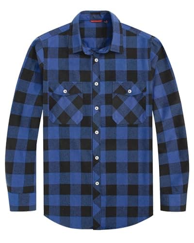 Image of J.VER Checked Shirt Mens Blue Long Sleeve Cotton Flannel Lumberjack Shirt Regular Fit Button Down Casual Tartan Shirts 2XL