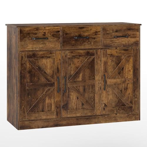Image of TANGZON Large Buffet Sideboard, Wooden Kitchen Storage Cabinet with 3 Doors, 3 Drawers & Adjustable Shelves, Buffet Cupboard Organiser for Dining Living Room (108x38x81cm,X-panel Door, Rustic Brown)