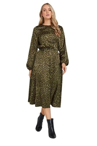Image of Long Tall Sally - LTS Tall Green Leopard Print Satin Midi Dress - Women's