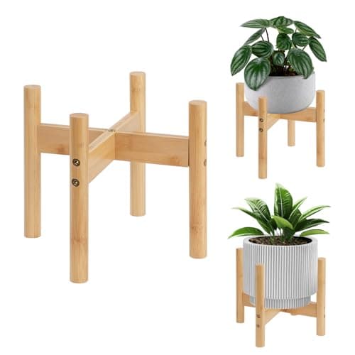 Image of QUMENEY 1Pc Mid Century Modern Indoor Plant Stand Wood Flower Pot Holder for Home Office Garden Patio Lawn Yard Restaurant Cafe (Small)