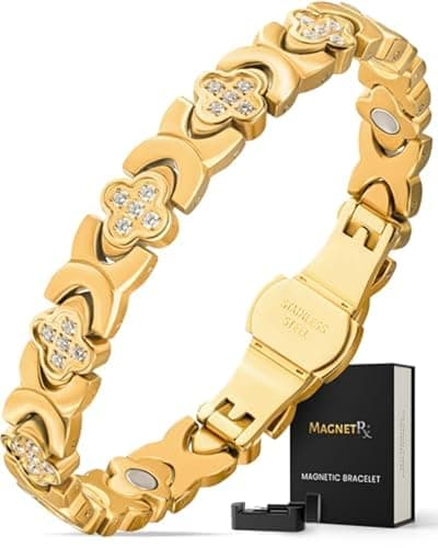 Image of MagnetRX® Magnetic Bracelets for Women — Premium Four Leaf Clover Bracelet with Crystals and Ultra Strength Magnets — Adjustable Length with Included Sizing Tool (Gold)