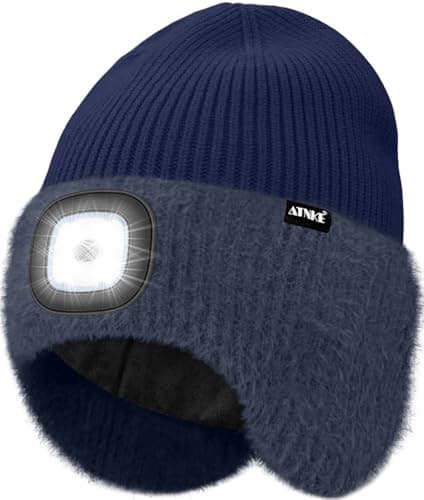 Image of ATNKE LED Lighted Beanie Hat with Earflap, USB Rechargeable 4 LED Hands Free Head Torch Running Headlamp Cap with Light Winter Warm Fleece Lined Knit Beany Gifts for Men and Women/Navy Blue