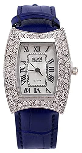 Image of Censi Women's Silver Diamante Bezel PU Leather Strap Mother of Pearl Face Wrist Watch Japanese Quartz Buckle Clasp (Navy Blue)