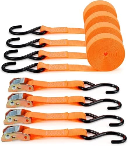 Image of TOPZEA 4 Pack Ratchet Straps with Hook, 6M x 25MM Polyester 450kg Capacity Cambuckle Tie Down Strap Pull, Cargo Lashing Securing Straps with Metal Cam Buckle & S Hooks for Truck, Mower, ATVs