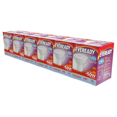 Image of Eveready GU10 LED Bulb 4.7W Replaces 50W Daylight (6500k) 345 Lumens Non-Dimmable Spotlight. Pack of 6 Bulbs.