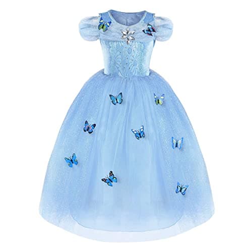 Image of URAQT Princess Costume with Butterfly, Blue Dance Gown Princess Dress for Girls, Fancy Tulle Dress for Wedding, Party, Prom, 150