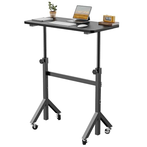 Image of HUANUO Height Adjustable Standing Desk,6 Height Settings Up to 118cm,80x40cm Mobile Small Desk with Triangular Leg Design, Smooth Mobility with Lockable Wheels, Laptop Table
