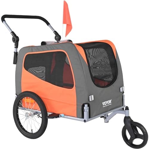 Image of VEVOR Dog Bike Trailer, Supports up to 66 lbs, 2-in-1 Pet Stroller Cart Bicycle Carrier, Easy Folding Cart Frame with Quick Release Wheels, Universal Bicycle Coupler, Reflectors, Flag, Orange/Gray