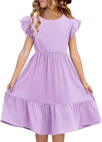 Image of Haloumoning Girls' Dresses Round Neck Plain Summer Dress Ruffle Sleeves A-line Princess Dress Casual Elegant Wedding Birthday Casual Dress Purple 11-12 yesrs