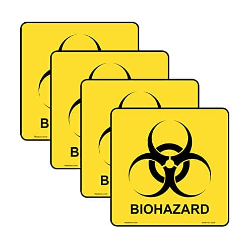 Image of Haobase 4 Pcs Biohazard Stickers Sign Small Self Adhesive Vinyl for Hospital and Industrial Use 10cm x 10cm (Yellow)