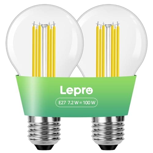 Image of Lepro E27 Screw Bulb, A-Rated Ultra-efficient LED Bulb, 7.2W = 100W, 1521lm, 2700K Warm White, 50000H Lifespan, Clear Filament, Vintage Glass, Non-dimmable, Pack of 2