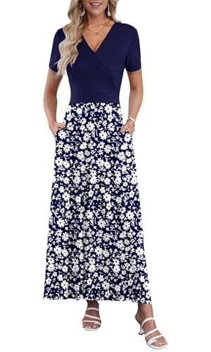 Image of AUSELILY Ladies Summer Maxi Dresses Womens V Neck Elegant Dresses Short Sleeve Dress with Pockets Navy Blue Daisy & Dark Blue 2XL