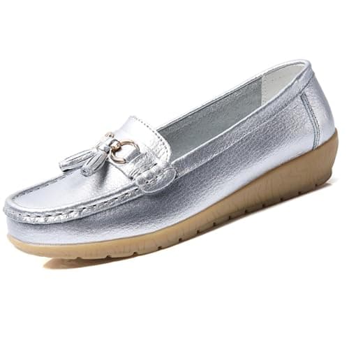 Image of Womens Loafers Soft Leather Casual Walking Penny Flats Boat Moccasins Non-Slip Outdoor Driving Shoes for Ladies Comfortable Office Fashion Classic Lightweight Breathable Shoes(Silvery,5 UK)