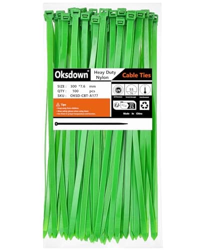 Image of Oksdown 100 Pack Thick Green Plastic Cable Ties 300mm×7.6mm Heavy Duty Nylon Garden Long Zip Tie Multi Purpose Premium 12 inch/30 cm Tie Wraps