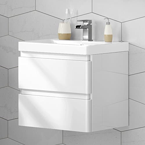 Image of 600 mm White Vanity Sink Unit Ceramic Basin Wall Hung Bathroom Storage Furniture