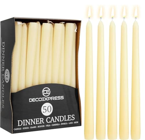 Image of DECO EXPRESS Candles Set, Pack of 50 Classic Dripless Tapered Metallic Dinner Candles, Unscented with 8 Hours Burning Time, Home, Valentine’s Day & Mother’s Day Decor Idea (Ivory, 50 Pack)
