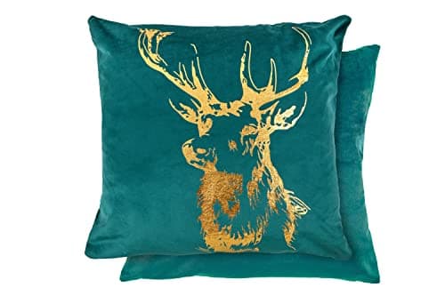 Image of Emma Barclay Velvet Stag - Soft Plush Cushion Cover with Foil Print in Emerald Green - 17x17 (43x43cm), XMVSTGEGN
