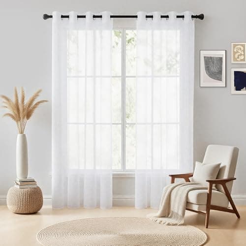 Image of NAKIHOUSE Voile Curtain 72 Drop 2 Panels Net Curtains for Windows Eyelet Top Sheer Curtains for Kitchen Living Room Bedroom Window Treatment, White Voiles, 52" x 72"