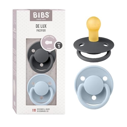 Image of BIBS De Lux Dummies 2-Pack, BPA Free Dummy Pacifier, Round Nipple. Natural Rubber Latex, Size 1 (0-6 Months), Iron/Baby Blue