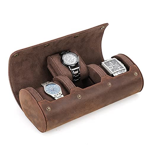 Image of CONTACTS Genuine Leather Watch Case Roll Travel for Men & Women,Watchse Storage Box Protector Sleeve 3 slots watches Organizer Display Case Fits All Wrist Watches & Smart Watches Up to 50mm