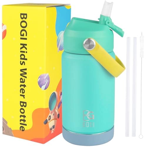 Image of BOGI Kids Metal Water Bottle with Straw, 350ml Kid Stainless Steel Water Bottle for School Leak Proof Insulated Water Bottle for Boys Girls Toddlers Children Keep Drinks 12h Hot & 24h Cold | Mint