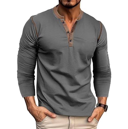 Image of MakingDa Mens Henley Shirts Long Sleeve Button Vintage Solid Golf Regular Fit Grandad Shirt Casual Classic Soft Breathable Lightweight Workwear Gym Smart Tops Dark Grey M