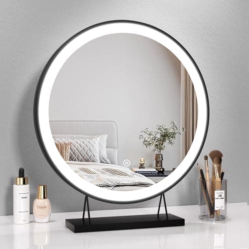 Image of Heilmetz Hollywood Vanity Mirror Dressing Table, Vanity Mirrors with Lights, Light up Make up Mirror with Lighting 3 Color Temperature, Round Black Mirror ф48 cm