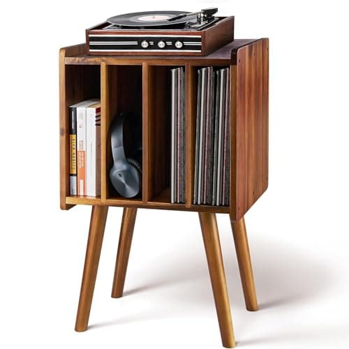 Image of Wooden LP Record Player Stand,Vinyl Record Storage Table with 4 Cabinet Up to 100 Albums(Mid-Century Modern)
