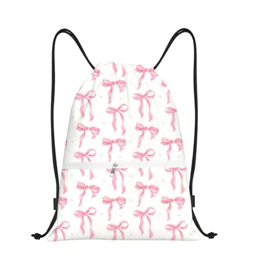 Image of Pink Bow Drawstring Bags, Waterproof Swim PE Bag for Women Girls, Cute Coquette Sports String Backpack, Large Capacity Draw String Bag Gym for School Swimming Travel Fitness Climbing Hiking Picnic