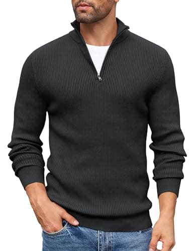 Image of COOFANDY Men's Quarter Zip Jumper Ribbed Turtleneck Jumper Sweater Polo Neck Jumpers Casual Knitted Jumpers Warm Long Sleeve 1/4 Zip Pullover Tops Black M