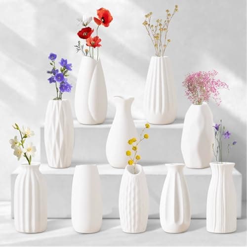 Image of Set of 10 Small White Ceramic Vases, Modern Matte Vase Set (Approx. 12cm H) for Dried Flowers, Pampas Grass & Home Decor, Boho Decorative Table Vases for Wedding, Shelf, Table Centrepiece