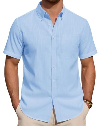 Image of J.VER Linen Shirts Men Blue Summer Short Sleeve Regular Fit Smart Casual Lightweight Holiday Beach Button Down Shirt M