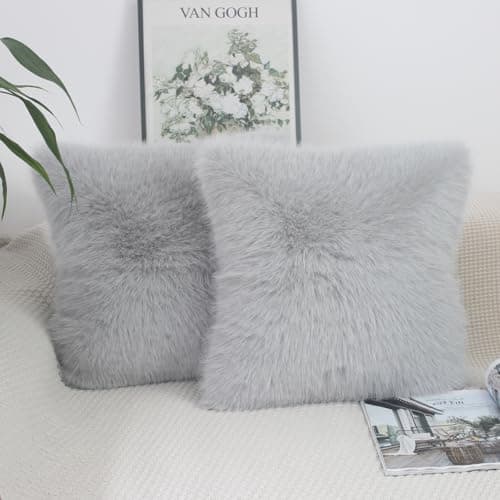 Image of NIULAA Grey Cushion Covers 40cm x 40cm Cushion Cover Faux Fur Set of 2 Fluffy Pillow Covers 16 x 16 Inches Soft Plush Luxury Decorative Pillows for Sofa Scatter Pillowcases