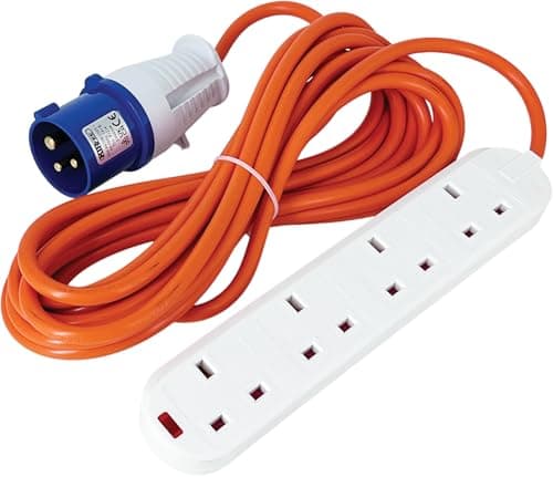 Image of KIRFEE 6M Camping Electric Hook Up Cable - 16amp to 13amp Adapter - 4 Gang Electric Hook Up For Camping - Heavy Duty Caravan Extension Lead, Ideal For Caravans, Generators, Motorhomes.