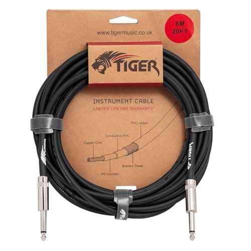 Image of Tiger 6m (20ft) Guitar Instrument Cable – 1/4” Mono Jack to Jack Lead, Copper Connectors, Shielded Low-Noise Cable for Electric Guitar, Bass, Keyboard, Amp