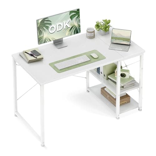 Image of ODK Desk with Reversible Storage Shelves, 100 x 48 cm Small Computer Desk, Home Office Work Table, Study Writing Table for Workers and Students, White