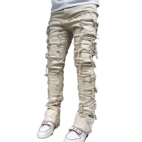Image of FeMereina Stacked Jeans Men Skinny Ripped Jeans Slim Fit Patchwork Denim Pants Y2K Goth Harajuku Emo Hip Hop Jeans Trouser (Beige, L)