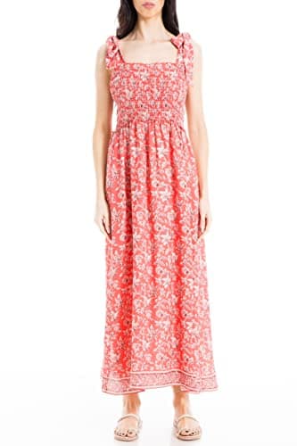 Image of Max Studio Women's Tie Strap Smocked Bodice Maxi Dress, Red/Cream Chintzy Rambler, S