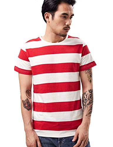 Image of Wide Striped T Shirt for Men Breton Tee Stripes Sailor Top Cotton Basic Short Sleeve for Summer Beach Red and White Striped XL