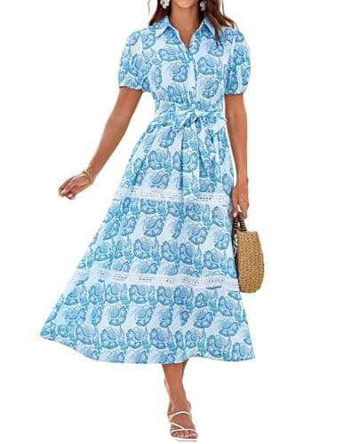 Image of GRACE KARIN Women Summer Short Sleeve Floral Dress Casual Polo Collar Tie Belt Boho Dresses with Pockets Beach Maxi Shirt Dress Blue Flower XXL