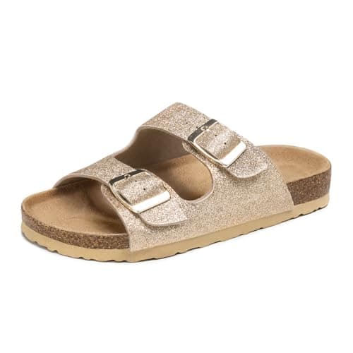Image of FITORY Boys Girls Adjustable Glitter Slide Sandals Soft Cork Footbed Shoes with Shock Absorbing Insole for Little Kids/Big Kids Shining Gold Size 2