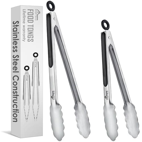 Image of HOTEC Premium Stainless Steel Kitchen Tongs Set of 2-9" and 12",Locking Metal Food Tongs Non-Slip Silicone Grip for Cooking, Baking, Grilling, Heat Resistant
