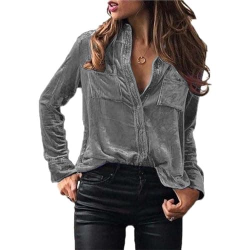 Image of Melliflo Vintage Velvet Top for Women Elegant Long Sleeve Button Down Shirts Velour Blouses with Pockets, Gray, XL