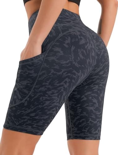 Image of JOYSPELS Cycling Shorts Women with Pockets High Waisted Non See Through Womens Activewear Shorts for Gym Workout Running Yoga Sport Exercise UK Grey Textures XXL