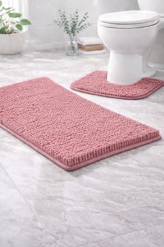 Image of Artistic Fashionista Limited 2 Piece Shaggy Chenille Loop Bath Mat Set – Ultra Soft, Non Slip & Highly Absorbent Bathroom Rugs – Anti Mould Plush Pedestal & Toilet Mat for Shower & Bath (Blush Pink)