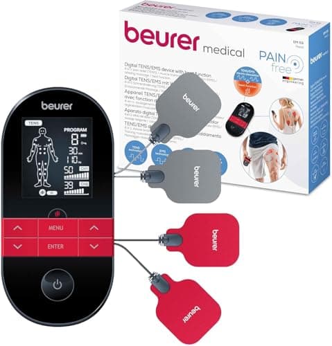 Image of Beurer EM59 Digital TENS/EMS Device with Heat, 4-in-1 stimulation device for pain therapy, muscle stimulation, massage and heat therapy, 4 electrodes, 70 programmes, 50 intensity levels