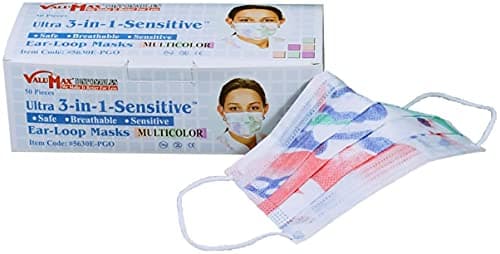 Image of ValuMax 5630E-PGO Ultra-3-In-1 Sensitive Disposable Earloop Face Masks, Cellulose Inner Layer, High Filtration, PGO Multicolor, Box of 50