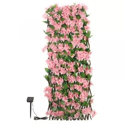 Image of rightclick Faux Solar In-Lit Blossom Trellis Leaves & Flowers, Artificial Living Wall Panel Expandable Trellis, Solar String Lights Outdoor Garden Balcony Privacy Screen, (180x90cm) (PINK)